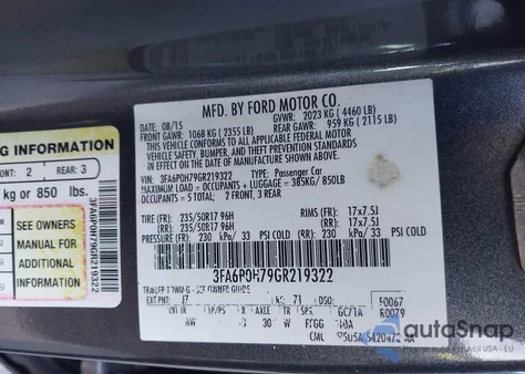 2016 Ford Fusion Se из США, поврежденный, VIN 3FA6P0H79GR219322